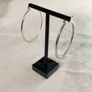 Matte Brushed Silver Tone Hoop Earrings Flat Leverback Modern Minimalist